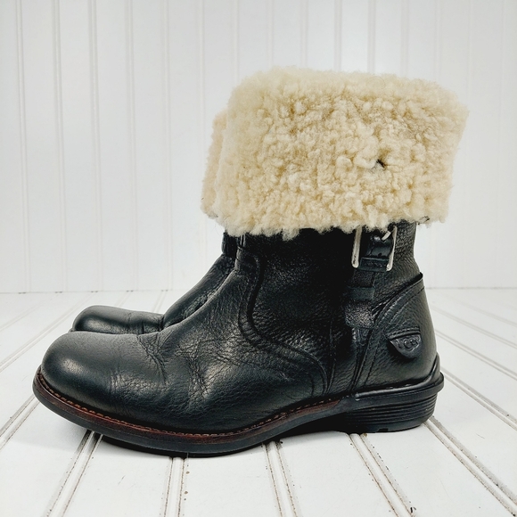 UGG Shoes - UGG Bellvue Leather Sheepskin Side Zip Buckle Shearling Lined Boots H559